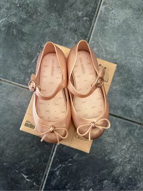 Mini Melissa Metallic Rose Gold Mary Jane Flats with Bow